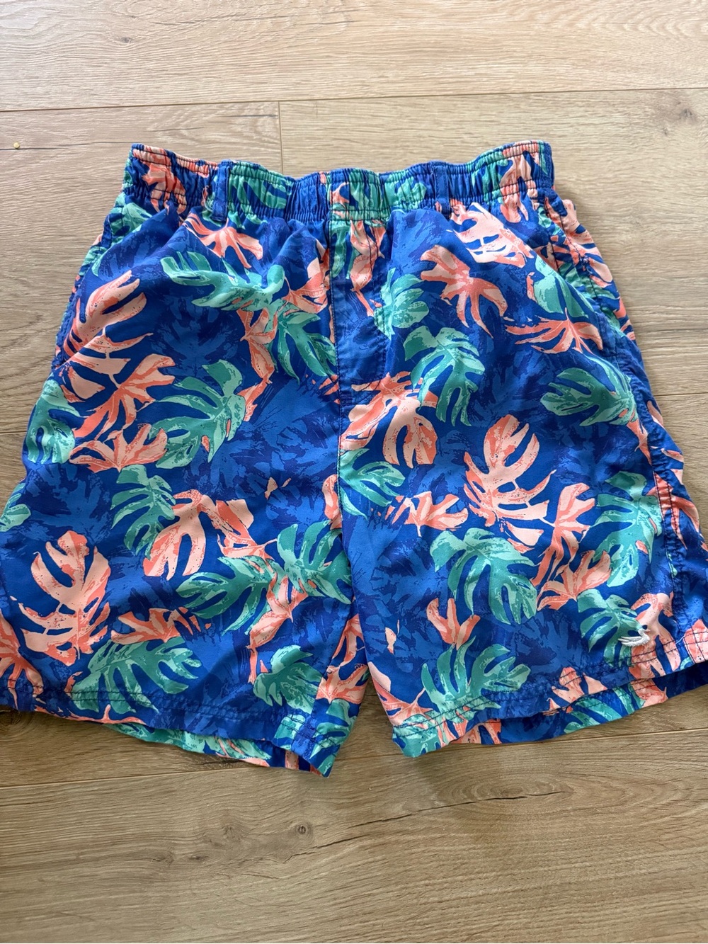 Southern Marsh Blue Swim Trunks with Green and Coral Leaf Print Youth L